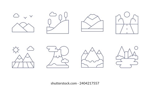 Mountain icons. Editable stroke. Containing sunset, hill, field, mountain, mountains, canyon, lake.