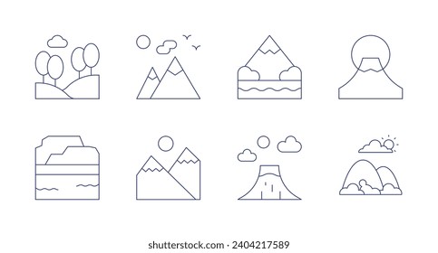 Mountain icons. Editable stroke. Containing hill, table mountain, mountain, mountains, fuji mountain.