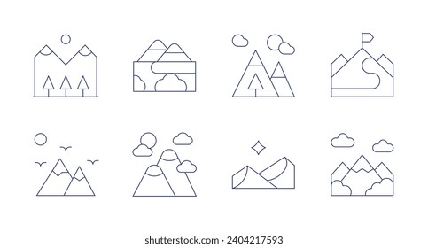 Iconos de montaña. Trazo editable. Conteniendo montaña, montaña, cordillera, estrella norte, trekking.