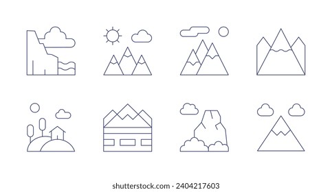 Mountain icons. Editable stroke. Containing cliff, hill, mountain, mountains.