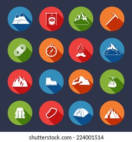 Mountain icons flat set with outdoor travel camping equipment isolated vector illustration
