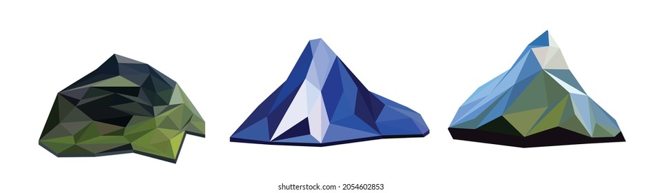 Mountain icons isolates low poly vector set, geometric and triangle design , vector and illustration.