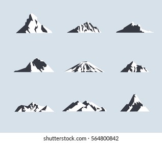 Mountain icons or logotypes. Vector illustration of mountains isolated on white background.
