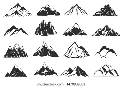 Mountain icons. Mountains top silhouette shapes, snow rocky range. Outdoor landscape hill peaks symbols vector hand drawn climbing mont nature isolated set