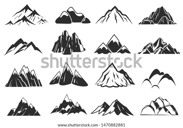 山のアイコン 山の上のシルエットの形 雪の岩場 屋外の山の頂きのシンボルベクター手描きの山岳自然セット のベクター画像素材 ロイヤリティフリー