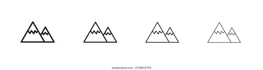 Iconos de montaña delinean el diseño de Vector negro. Línea con trazo editable.