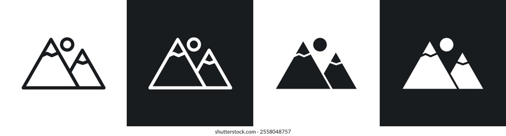 Mountain icons pack in black and white filled and outlined versions.