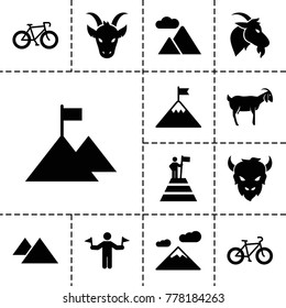 Mountain icons. set of 13 editable filled mountain icons such as man with flags, goat