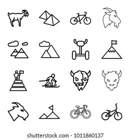 Mountain icons. set of 16 editable outline mountain icons such as goat, wheel, skiing