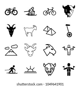 Mountain icons. set of 16 editable filled and outline mountain icons such as goat, bicycle, skiing, man with flags, mountain, sun rise