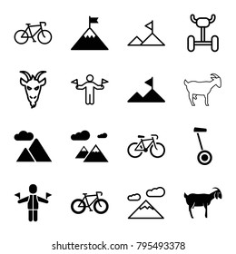 Mountain icons. set of 16 editable filled and outline mountain icons such as goat, bicycle, man with flags