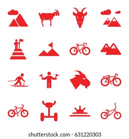 Mountain icons set. set of 16 mountain filled icons such as goat, man with flags, sun rise, bicycle, skiing