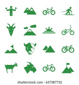 Mountain icons set. set of 16 mountain filled icons such as goat, man with flags, sun rise, bicycle