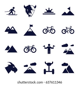 Mountain icons set. set of 16 mountain filled icons such as goat, man with flags, sun rise, bicycle, skiing