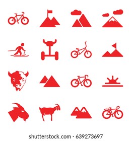 Mountain icons set. set of 16 mountain filled icons such as goat, sun rise, bicycle, skiing