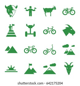 Mountain icons set. set of 16 mountain filled icons such as goat, man with flags, sun rise, bicycle