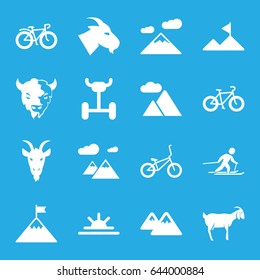 Mountain icons set. set of 16 mountain filled icons such as goat, sun rise, bicycle, skiing