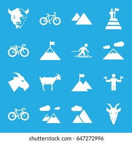 Mountain icons set. set of 16 mountain filled icons such as goat, man with flags, bicycle