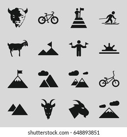 Mountain icons set. set of 16 mountain filled icons such as goat, man with flags, sun rise, skiing
