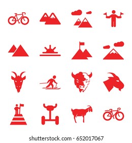 Mountain icons set. set of 16 mountain filled icons such as goat, man with flags, sun rise, bicycle, skiing