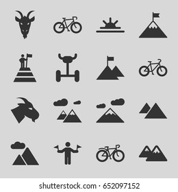 Mountain icons set. set of 16 mountain filled icons such as goat, man with flags, sun rise, bicycle