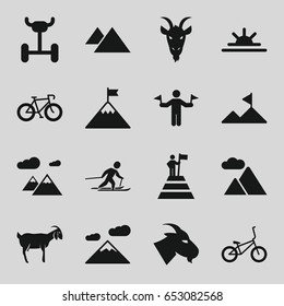 Mountain icons set. set of 16 mountain filled icons such as goat, man with flags, sun rise, skiing, bicycle