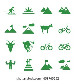 Mountain icons set. set of 16 mountain filled icons such as goat, man with flags, sun rise, bicycle