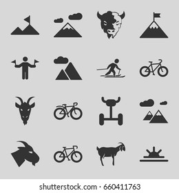 Mountain icons set. set of 16 mountain filled icons such as goat, man with flags, sun rise, bicycle, skiing