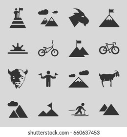 Mountain icons set. set of 16 mountain filled icons such as goat, man with flags, sun rise, skiing