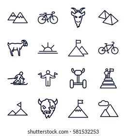 mountain icons set. Set of 16 mountain outline icons such as man with flags, goat, sun rise, bicycle, skiing