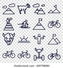 Mountain icons set. set of 16 mountain outline icons such as man with flags, goat, sun rise, bicycle, skiing