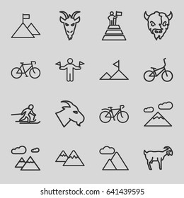Mountain icons set. set of 16 mountain outline icons such as man with flags, goat, bicycle