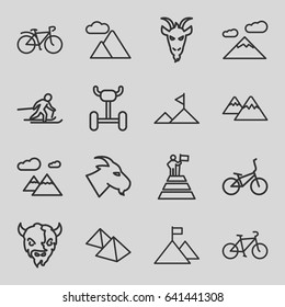 Mountain icons set. set of 16 mountain outline icons such as goat, bicycle, skiing