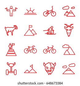 Mountain icons set. set of 16 mountain outline icons such as man with flags, goat, sun rise, bicycle, skiing