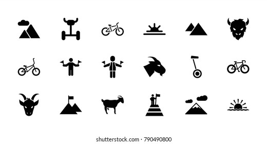 Mountain icons. set of 18 editable filled mountain icons: man with flags, goat, bicycle, sun rise