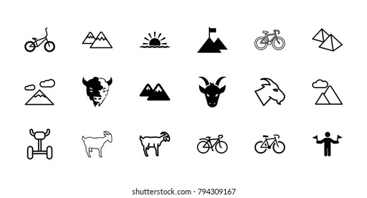 Mountain icons. set of 18 editable filled and outline mountain icons: man with flags, goat, bicycle, wheel