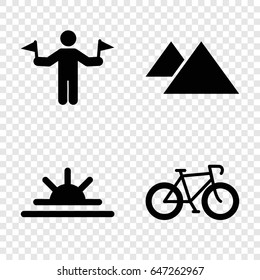 Mountain icons set. set of 4 mountain filled icons such as man with flags, sun rise, mountain