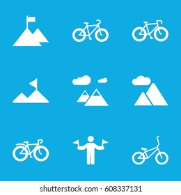 Mountain icons set. set of 9 mountain filled icons such as man with flags