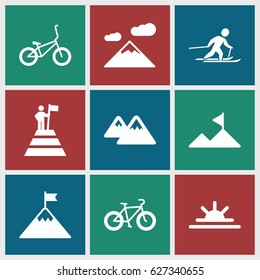 Mountain icons set. set of 9 mountain filled icons such as sun rise, skiing