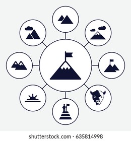 Mountain icons set. set of 9 mountain filled icons such as goat