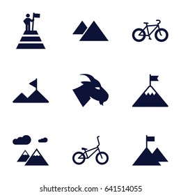 Mountain icons set. set of 9 mountain filled icons such as goat