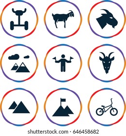 Mountain icons set. set of 9 mountain filled icons such as goat, man with flags, bicycle