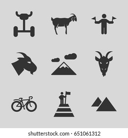 Mountain icons set. set of 9 mountain filled icons such as goat, man with flags, bicycle