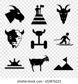Mountain icons set. set of 9 mountain filled icons such as goat, sun rise, skiing