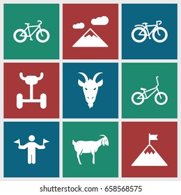 Mountain icons set. set of 9 mountain filled icons such as goat, man with flags, bicycle