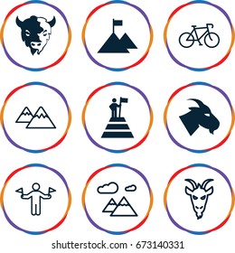 Mountain icons set. set of 9 mountain filled and outline icons such as goat, man with flags