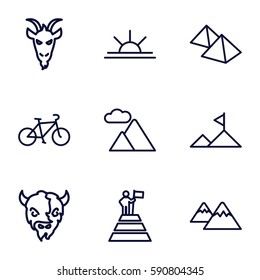 mountain icons set. Set of 9 mountain outline icons such as goat, sun rise