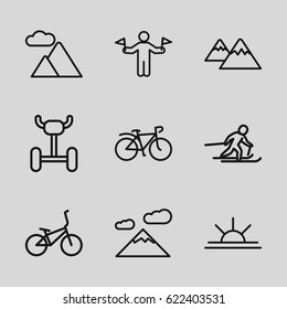 Mountain icons set. set of 9 mountain outline icons such as man with flags, sun rise, bicycle, mountain, skiing