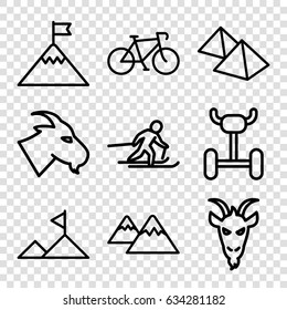 Mountain icons set. set of 9 mountain outline icons such as goat, skiing, wheel