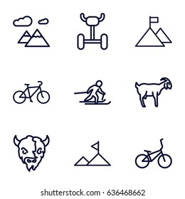 Mountain icons set. set of 9 mountain outline icons such as goat, bicycle, skiing